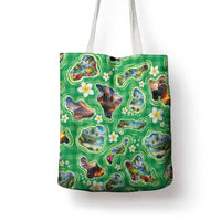 Hawaii Map with Plumeria Flower and Palaka Pattern Tote Bag Tropical Island Green Design