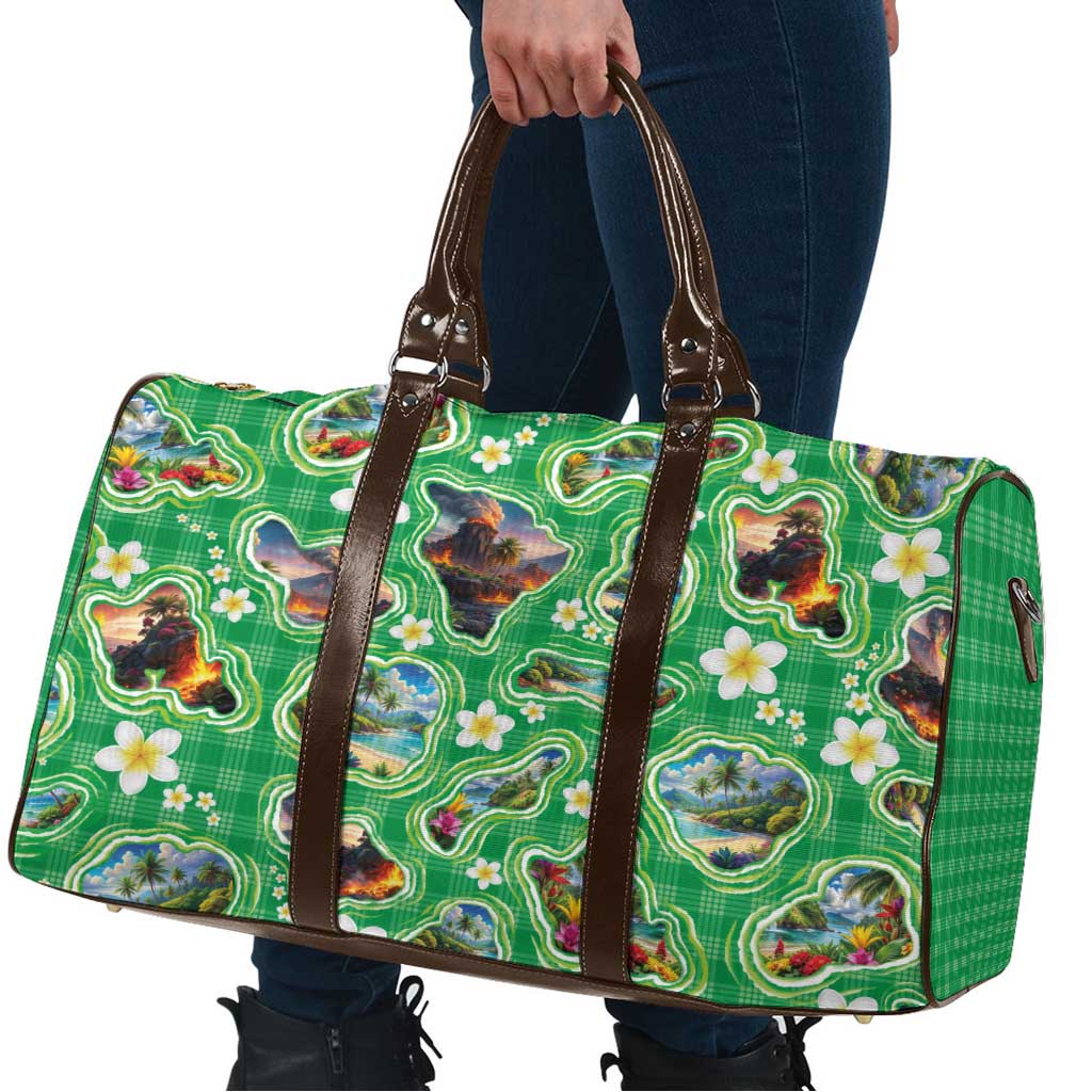 Hawaii Map with Plumeria Flower and Palaka Pattern Travel Bag Tropical Island Green Design