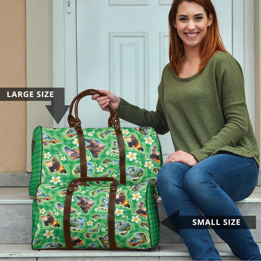 Hawaii Map with Plumeria Flower and Palaka Pattern Travel Bag Tropical Island Green Design