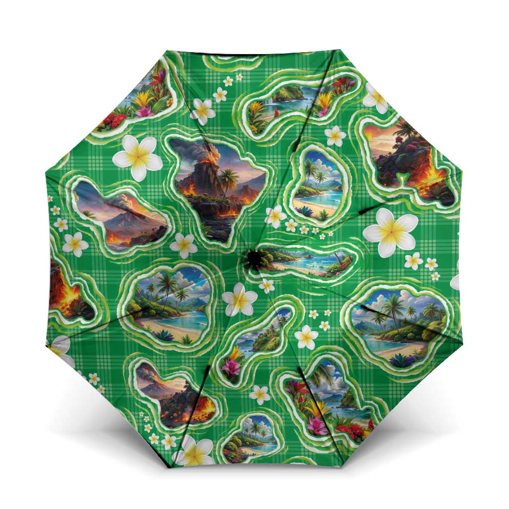 Hawaii Map with Plumeria Flower and Palaka Pattern Umbrella Tropical Island Green Design
