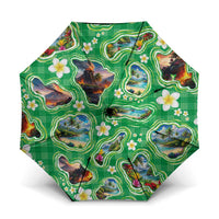 Hawaii Map with Plumeria Flower and Palaka Pattern Umbrella Tropical Island Green Design