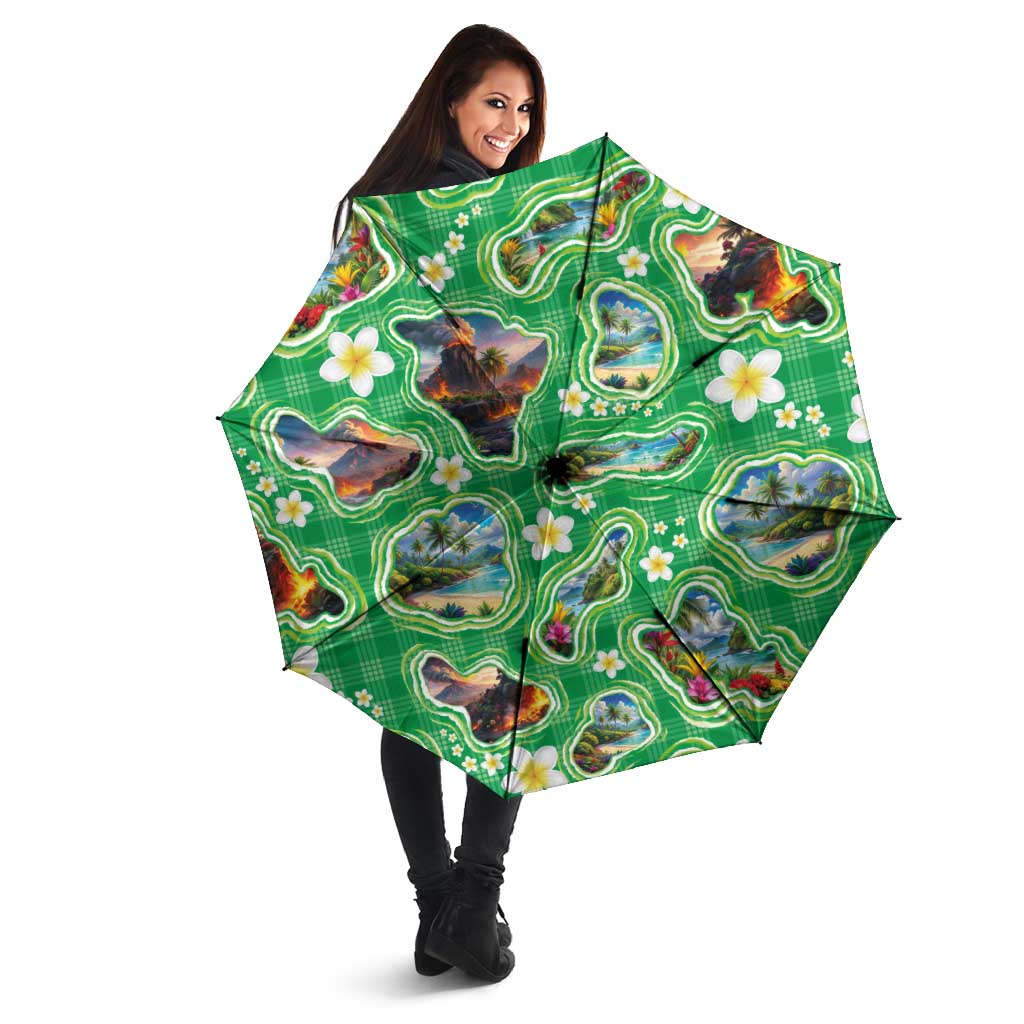 Hawaii Map with Plumeria Flower and Palaka Pattern Umbrella Tropical Island Green Design