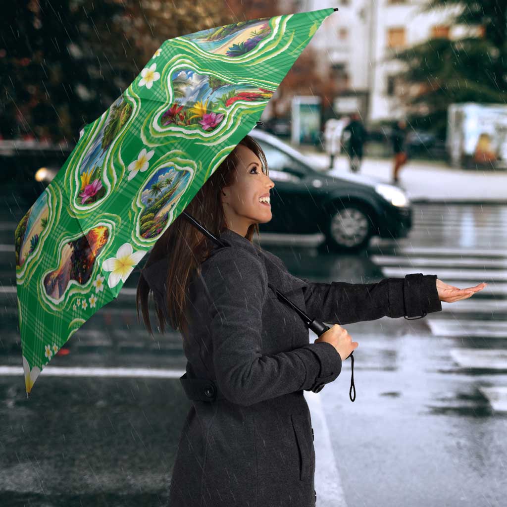 Hawaii Map with Plumeria Flower and Palaka Pattern Umbrella Tropical Island Green Design