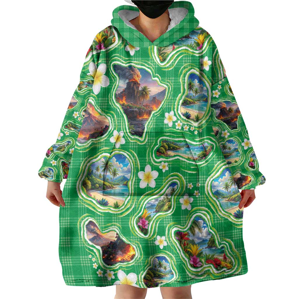 Hawaii Map with Plumeria Flower and Palaka Pattern Wearable Blanket Hoodie Tropical Island Green Design