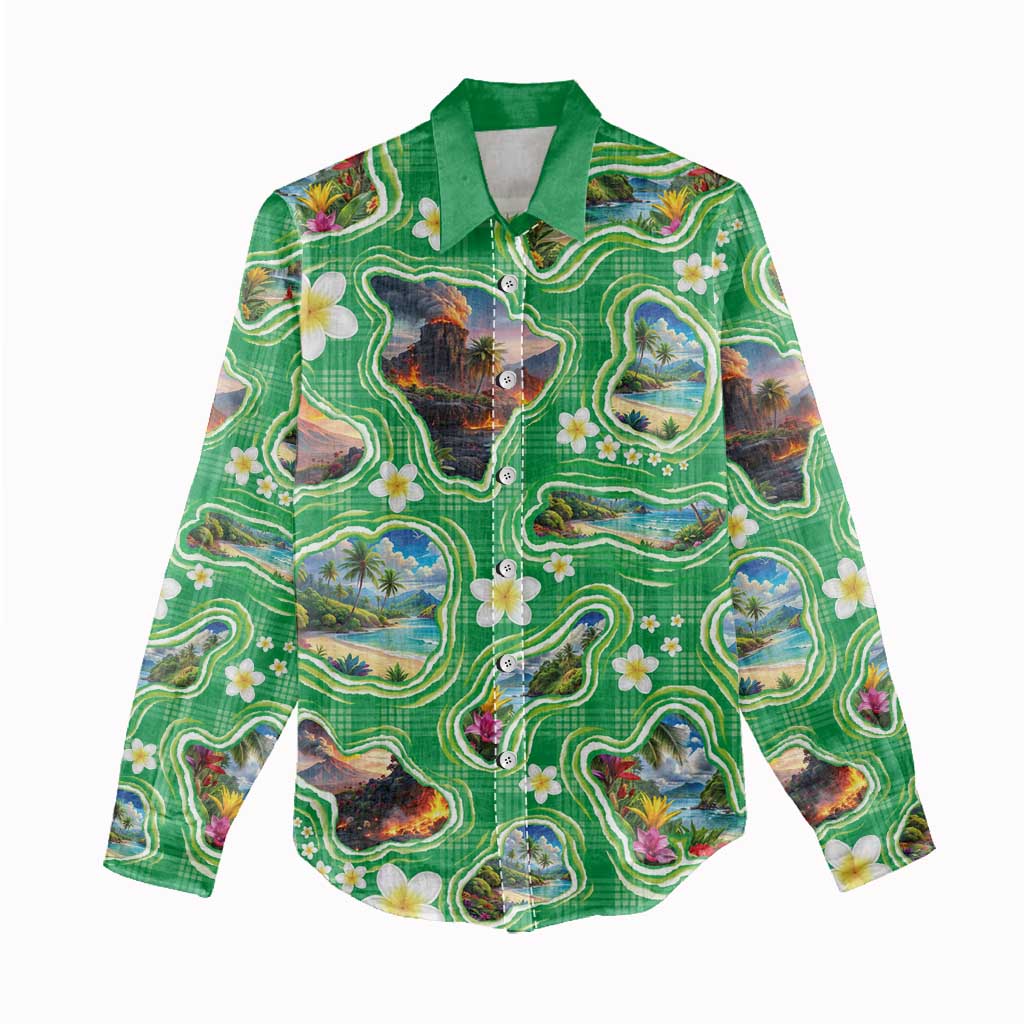 Hawaii Map with Plumeria Flower and Palaka Pattern Women Casual Shirt Tropical Island Green Design
