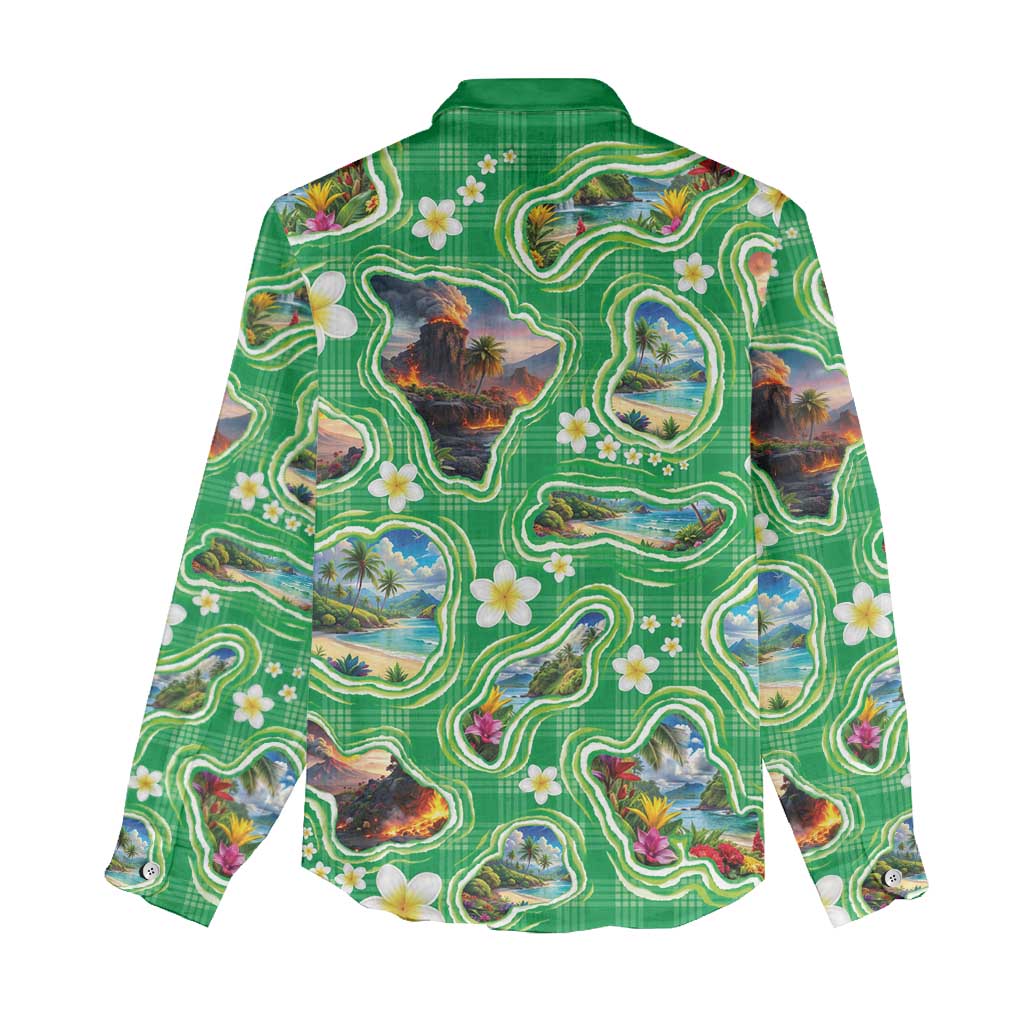 Hawaii Map with Plumeria Flower and Palaka Pattern Women Casual Shirt Tropical Island Green Design