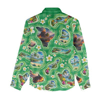 Hawaii Map with Plumeria Flower and Palaka Pattern Women Casual Shirt Tropical Island Green Design