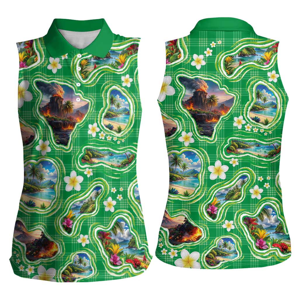 Hawaii Map with Plumeria Flower and Palaka Pattern Women Sleeveless Polo Shirt Tropical Island Green Design