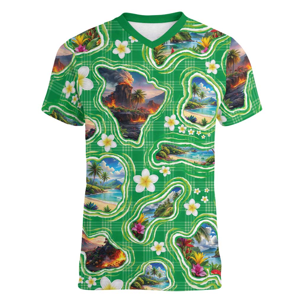 Hawaii Map with Plumeria Flower and Palaka Pattern Women V-Neck T-Shirt Tropical Island Green Design