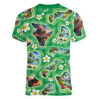 Hawaii Map with Plumeria Flower and Palaka Pattern Women V-Neck T-Shirt Tropical Island Green Design