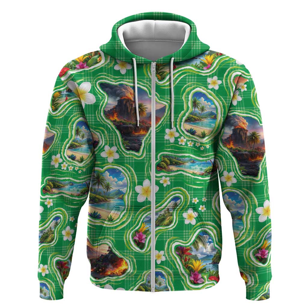 Hawaii Map with Plumeria Flower and Palaka Pattern Zip Hoodie Tropical Island Green Design