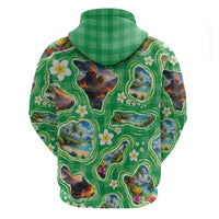 Hawaii Map with Plumeria Flower and Palaka Pattern Zip Hoodie Tropical Island Green Design