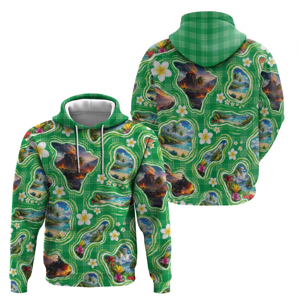 Hawaii Map with Plumeria Flower and Palaka Pattern Zip Hoodie Tropical Island Green Design