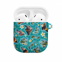 Hawaii Map with Plumeria Flower and Palaka Pattern AirPods Case Tropical Island Teal Design