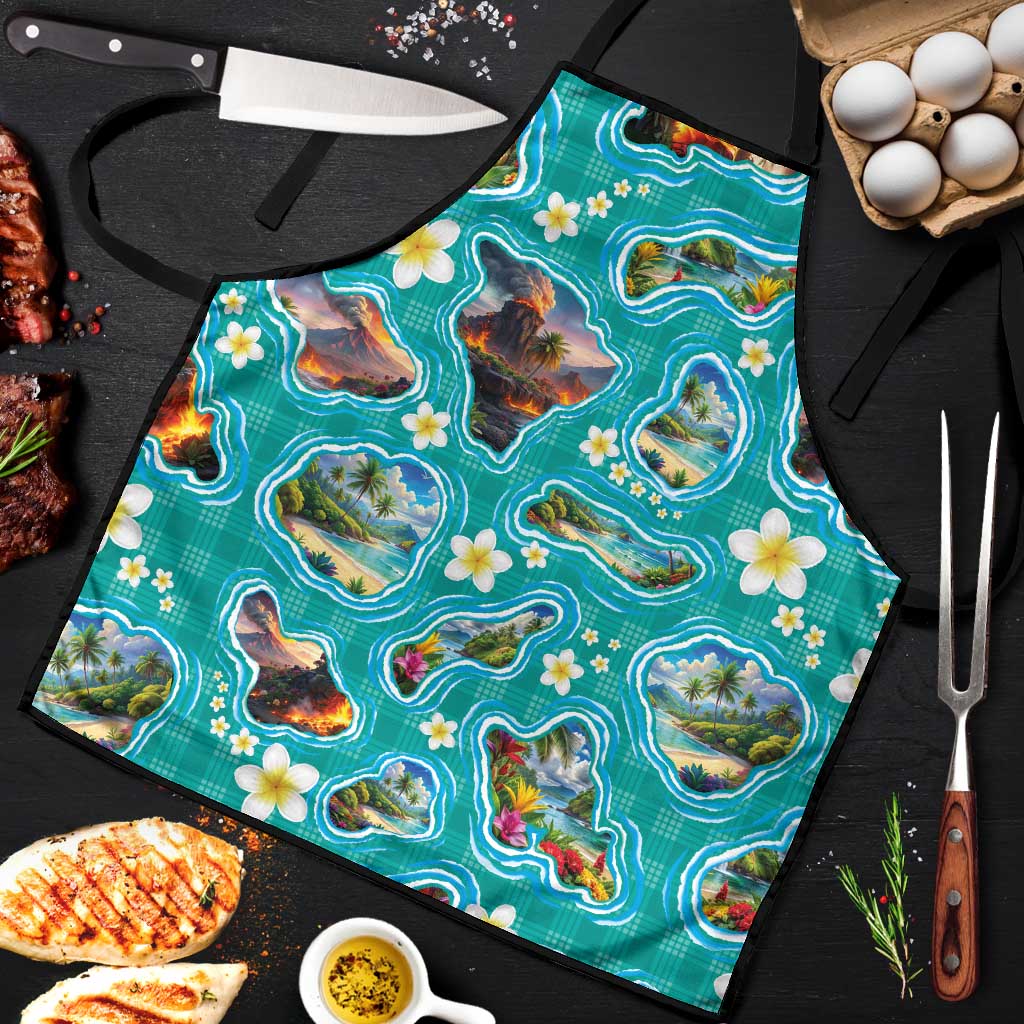 Hawaii Map with Plumeria Flower and Palaka Pattern Apron Tropical Island Teal Design