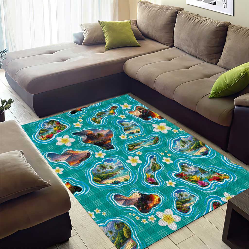 Hawaii Map with Plumeria Flower and Palaka Pattern Area Rug Tropical Island Teal Design