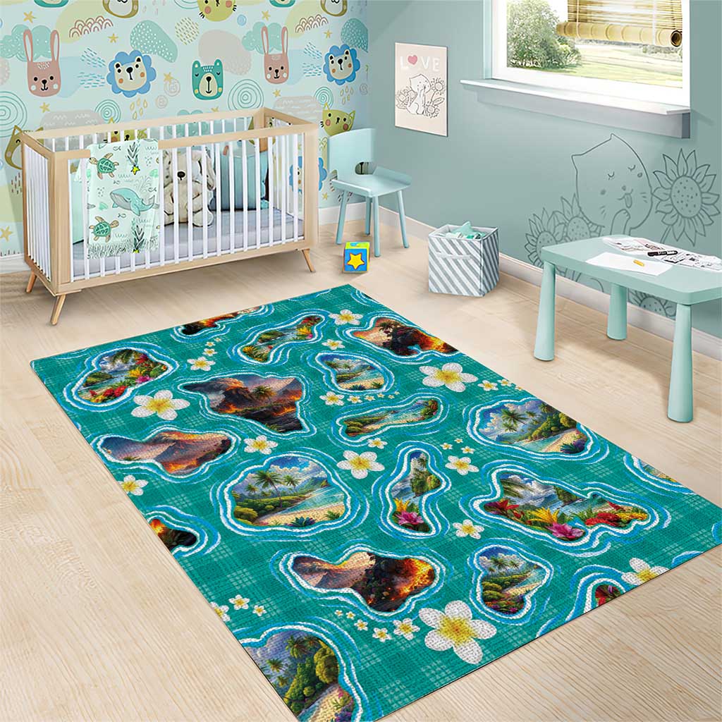 Hawaii Map with Plumeria Flower and Palaka Pattern Area Rug Tropical Island Teal Design
