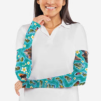 Hawaii Map with Plumeria Flower and Palaka Pattern Arm Sleeves Tropical Island Teal Design