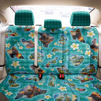 Hawaii Map with Plumeria Flower and Palaka Pattern Back Car Seat Cover Tropical Island Teal Design