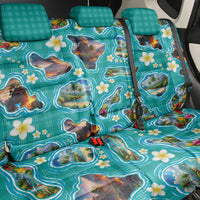 Hawaii Map with Plumeria Flower and Palaka Pattern Back Car Seat Cover Tropical Island Teal Design