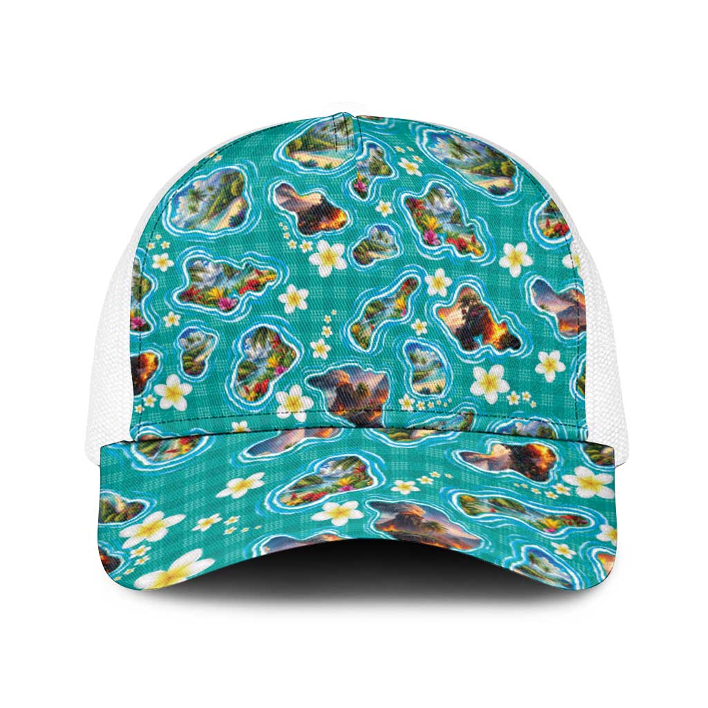 Hawaii Map with Plumeria Flower and Palaka Pattern Baseball Net Cap Tropical Island Teal Design