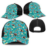 Hawaii Map with Plumeria Flower and Palaka Pattern Baseball Net Cap Tropical Island Teal Design