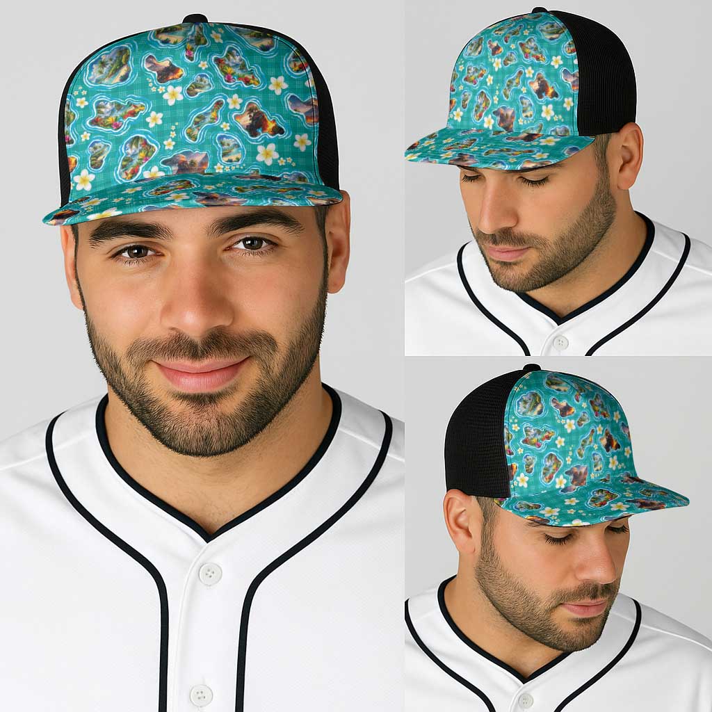 Hawaii Map with Plumeria Flower and Palaka Pattern Baseball Net Cap Tropical Island Teal Design