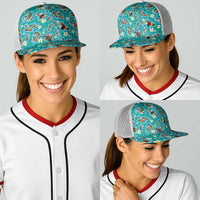 Hawaii Map with Plumeria Flower and Palaka Pattern Baseball Net Cap Tropical Island Teal Design