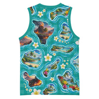 Hawaii Map with Plumeria Flower and Palaka Pattern Basketball Jersey Tropical Island Teal Design
