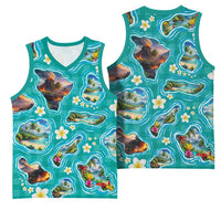 Hawaii Map with Plumeria Flower and Palaka Pattern Basketball Jersey Tropical Island Teal Design