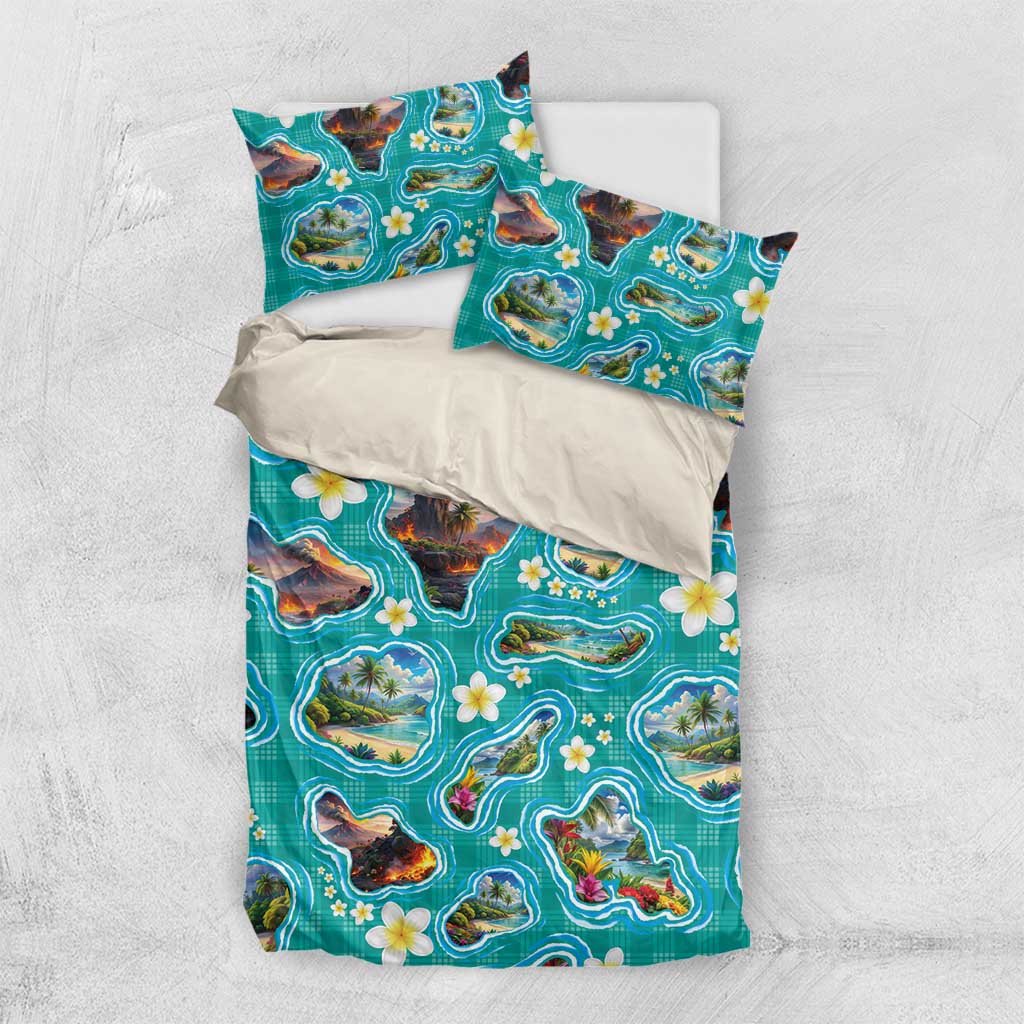 Hawaii Map with Plumeria Flower and Palaka Pattern Bedding Set Tropical Island Teal Design