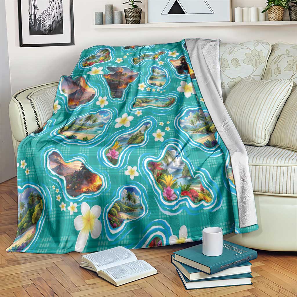 Hawaii Map with Plumeria Flower and Palaka Pattern Blanket Tropical Island Teal Design