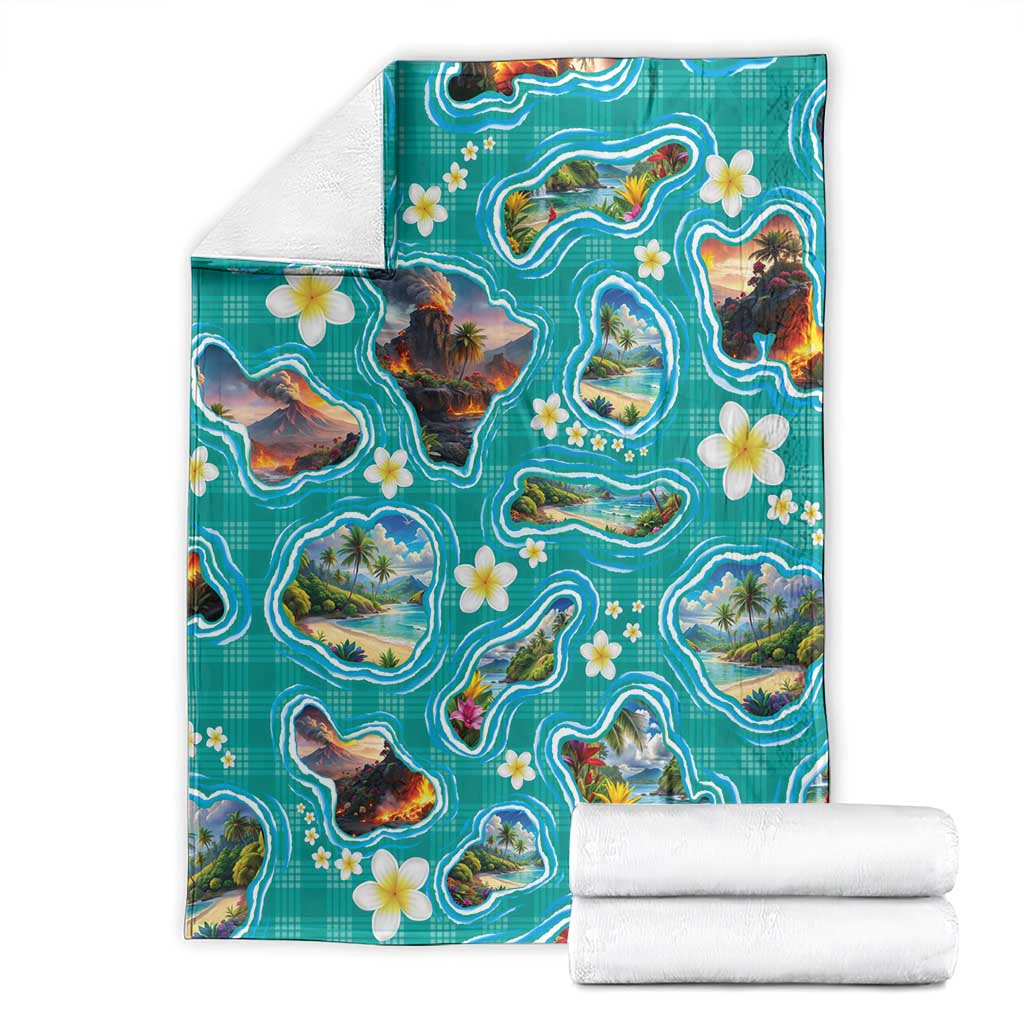 Hawaii Map with Plumeria Flower and Palaka Pattern Blanket Tropical Island Teal Design