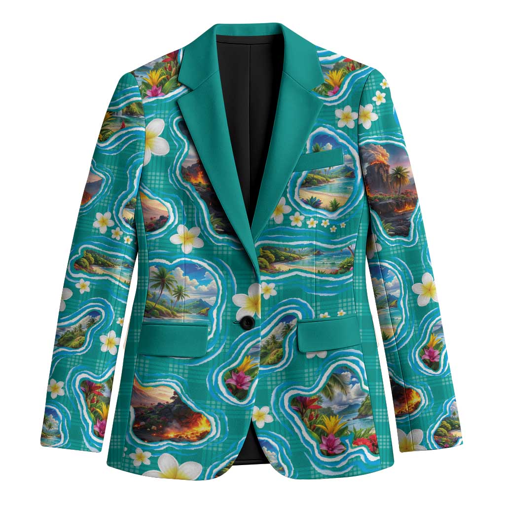 Hawaii Map with Plumeria Flower and Palaka Pattern Blazer Tropical Island Teal Design