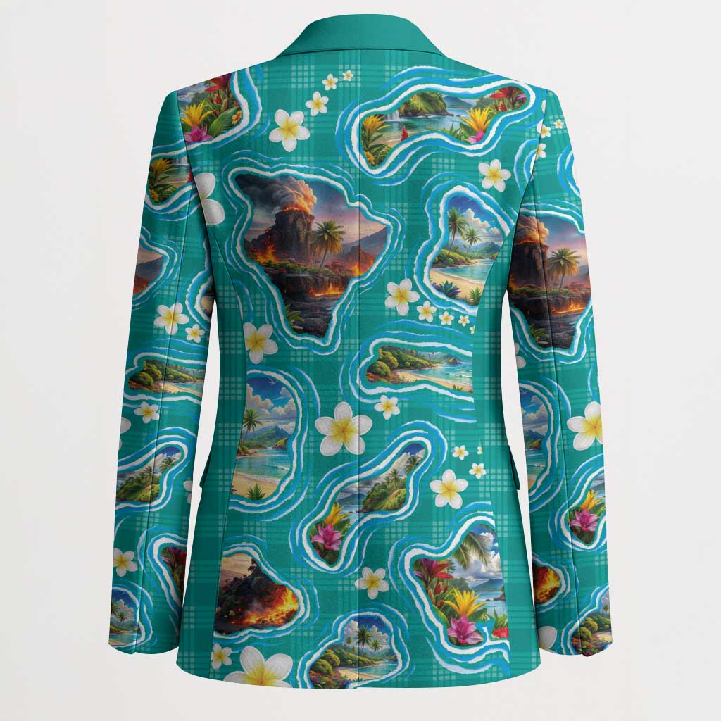 Hawaii Map with Plumeria Flower and Palaka Pattern Blazer Tropical Island Teal Design