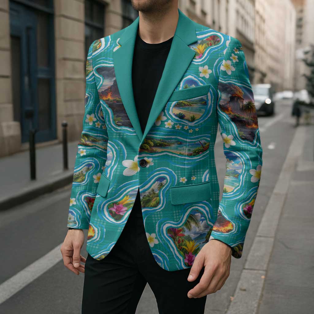 Hawaii Map with Plumeria Flower and Palaka Pattern Blazer Tropical Island Teal Design