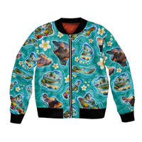 Hawaii Map with Plumeria Flower and Palaka Pattern Bomber Jacket Tropical Island Teal Design