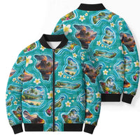 Hawaii Map with Plumeria Flower and Palaka Pattern Bomber Puffer Jacket Tropical Island Teal Design