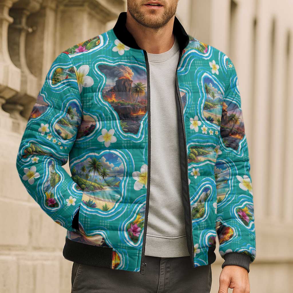 Hawaii Map with Plumeria Flower and Palaka Pattern Bomber Puffer Jacket Tropical Island Teal Design