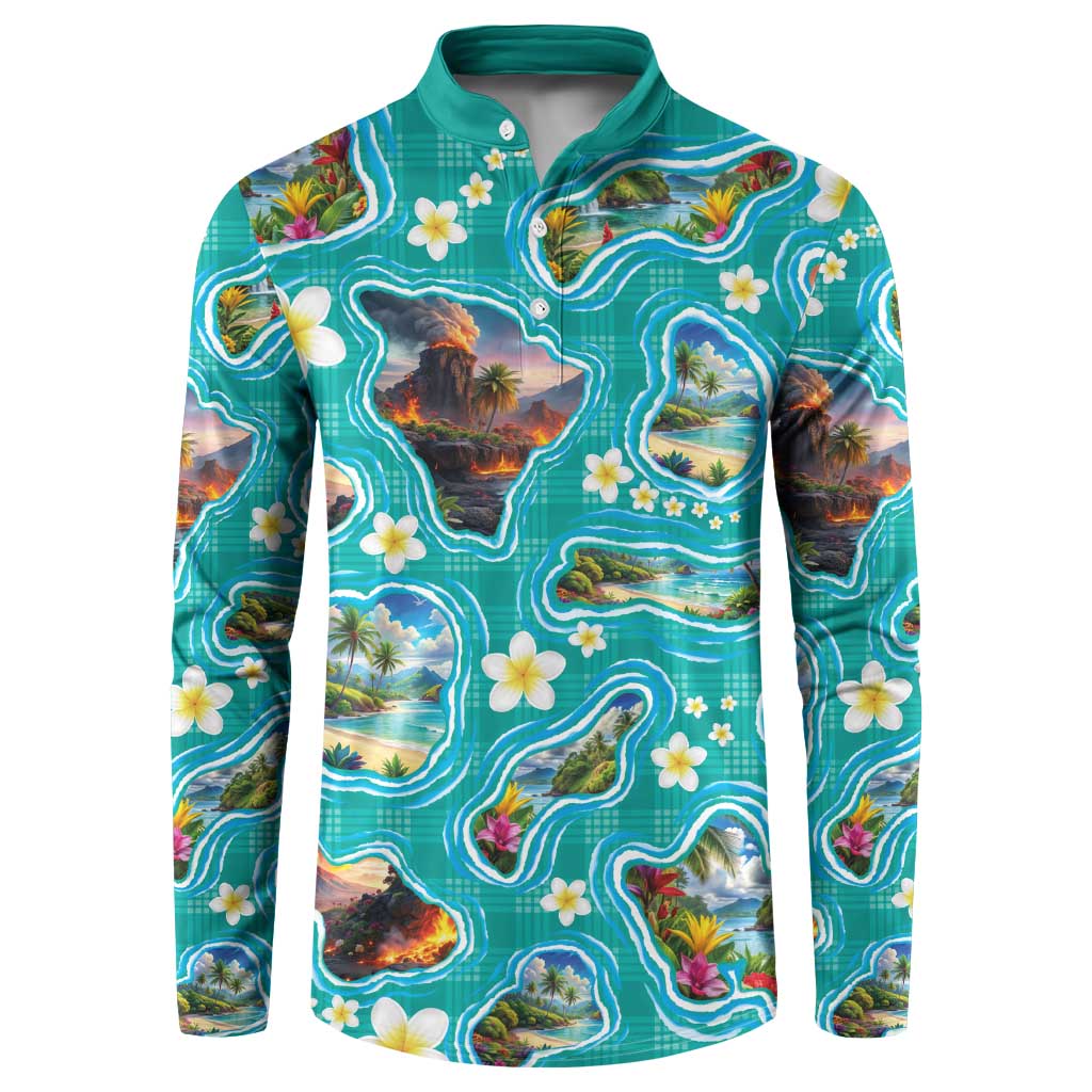 Hawaii Map with Plumeria Flower and Palaka Pattern Button Sweatshirt Tropical Island Teal Design
