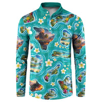 Hawaii Map with Plumeria Flower and Palaka Pattern Button Sweatshirt Tropical Island Teal Design