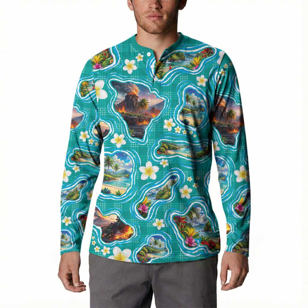 Hawaii Map with Plumeria Flower and Palaka Pattern Button Sweatshirt Tropical Island Teal Design