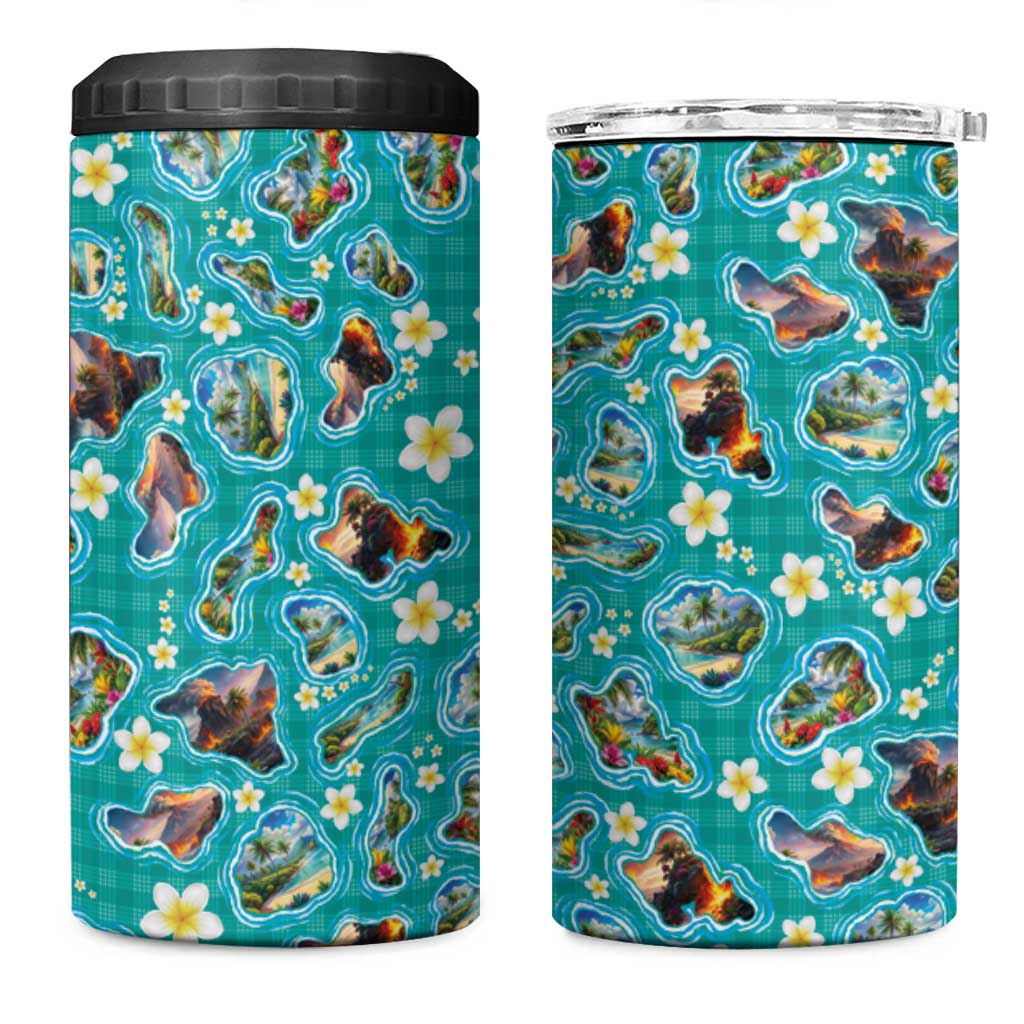 Hawaii Map with Plumeria Flower and Palaka Pattern 4 in 1 Can Cooler Tumbler Tropical Island Teal Design
