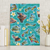 Hawaii Map with Plumeria Flower and Palaka Pattern Canvas Wall Art Tropical Island Teal Design