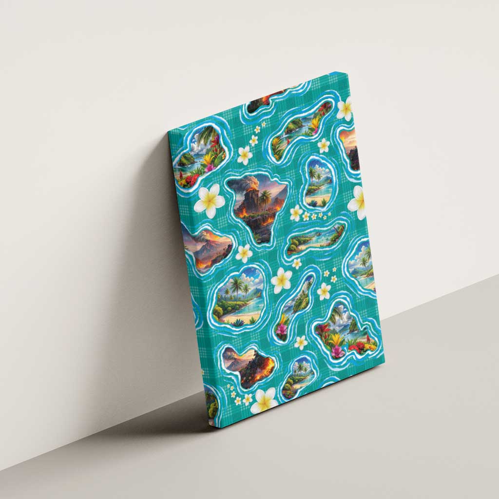 Hawaii Map with Plumeria Flower and Palaka Pattern Canvas Wall Art Tropical Island Teal Design