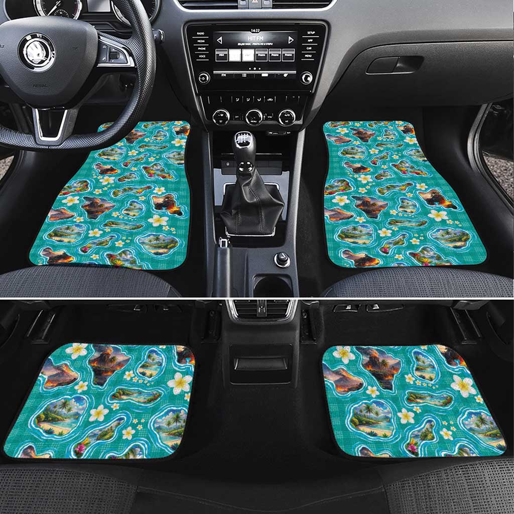 Hawaii Map with Plumeria Flower and Palaka Pattern Car Mats Tropical Island Teal Design