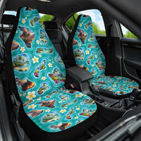 Hawaii Map with Plumeria Flower and Palaka Pattern Car Seat Cover Tropical Island Teal Design