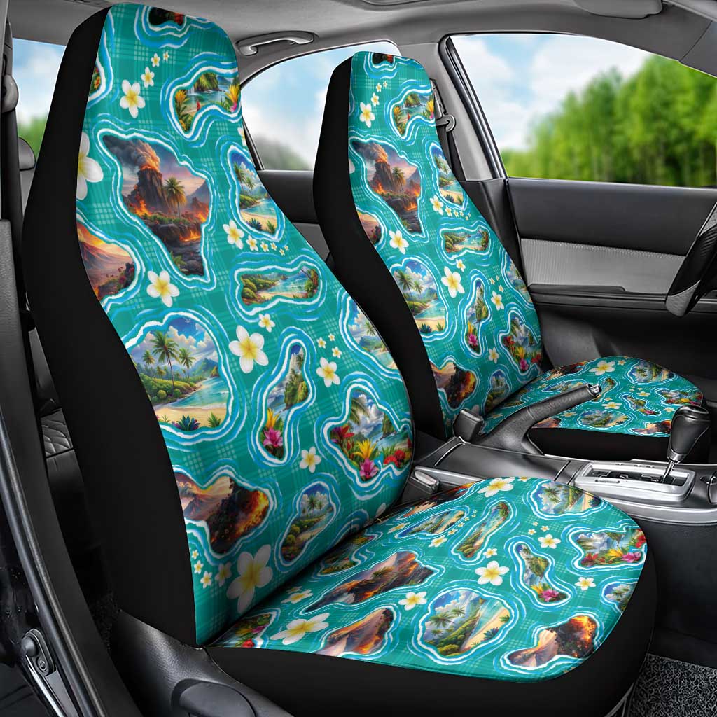 Hawaii Map with Plumeria Flower and Palaka Pattern Car Seat Cover Tropical Island Teal Design