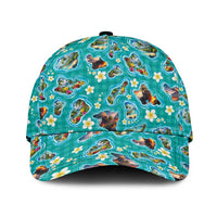 Hawaii Map with Plumeria Flower and Palaka Pattern Classic Cap Tropical Island Teal Design