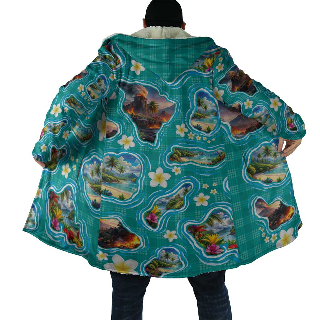 Hawaii Map with Plumeria Flower and Palaka Pattern Cloak Tropical Island Teal Design